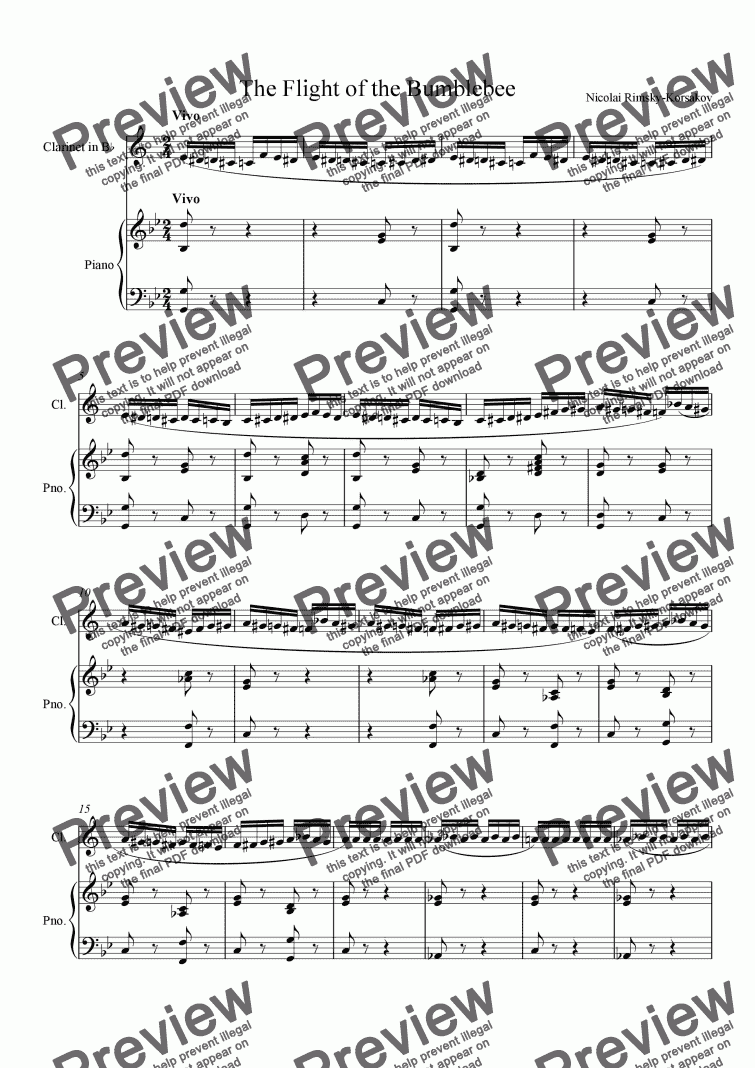 page one of The Flight of the Bumblebee for Clarinet and Piano Accompaniment