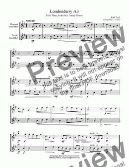 page one of Londonderry Air / Danny Boy for recorder duet (SA)