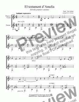 page one of El testament d’Amelia for violin or flute (recorder) and guitar