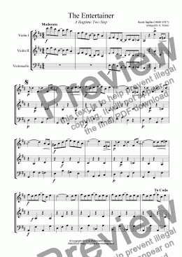 page one of The Entertainer for easy string trio (vln 1, vln 2, vc) (abridged)