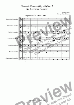 page one of Slavonic Dances (Op. 46) No. 7 for Recorder Consort