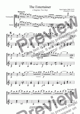 page one of The Entertainer for cello and guitar (abridged)