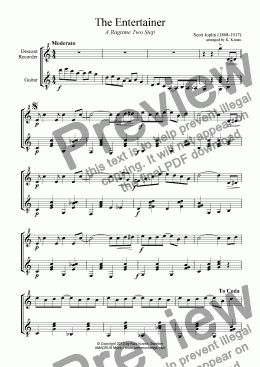 page one of The Entertainer for descant recorder and guitar (abridged)