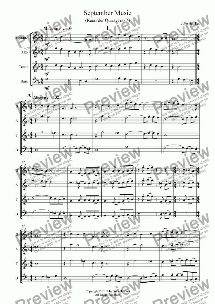 page one of Recorder Quartet no 7 (September Music)
