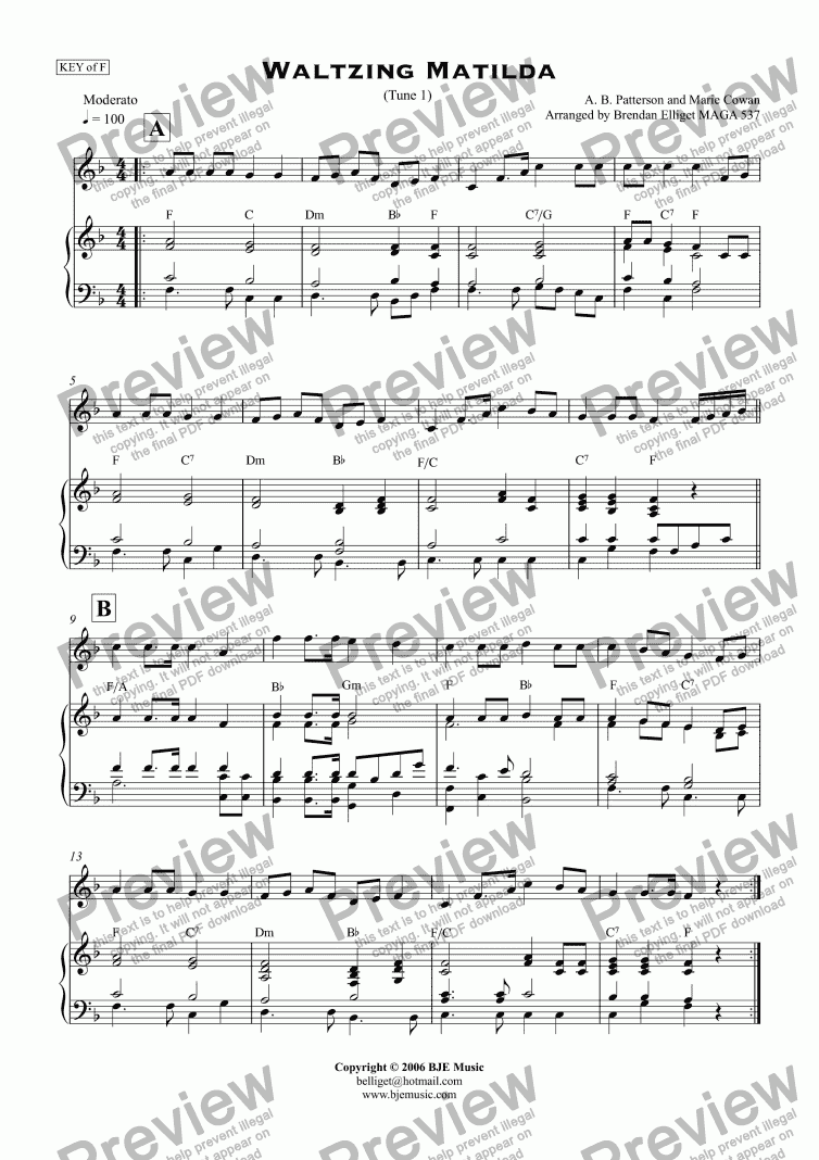 page one of Waltzing Matilda [C] - Simple Piano/Chords