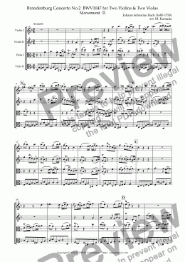 page one of Brandenburg Concerto No.2  BWV1047 for Two Violins & Two Violas Movement  II