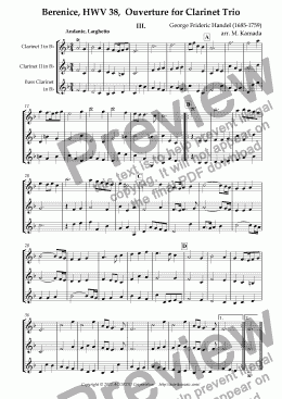 page one of Berenice, Queen of Egypt (HWV38) Overture, ’Andante, Larghetto’ & Gigue for Clarinet Trio