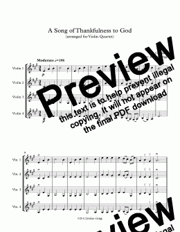 page one of A Song of Thankfulness to God (arranged for Violin Quartet)