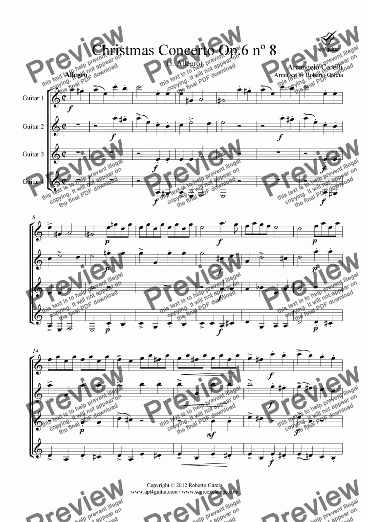 page one of Christmas Concerto Op.6 nº 8 (5.Allegro) for guitar quartet