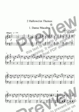 page one of 2 Halloween Themes for solo piano: Danse Macabre, Hall of the Mountain King