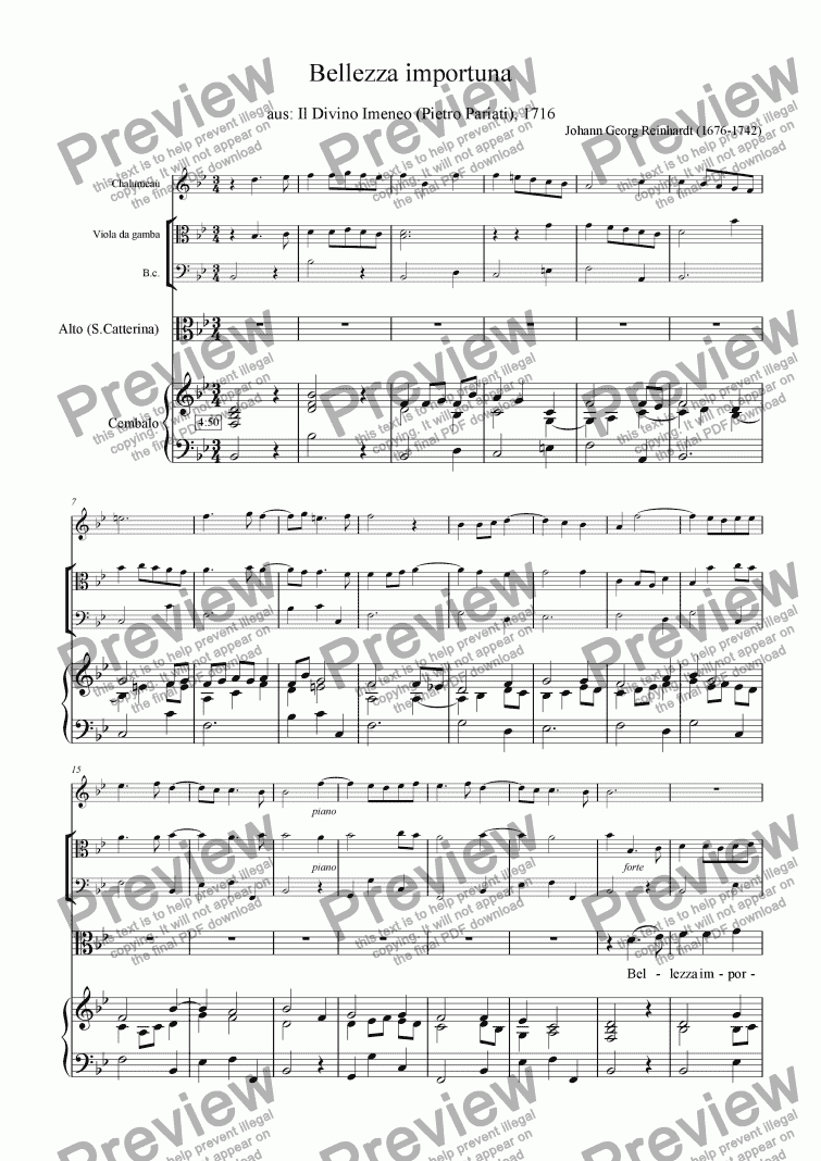 page one of Bellezza importuna (Aria for Alto, Chalumeau, Viola da gamba and B.c.)