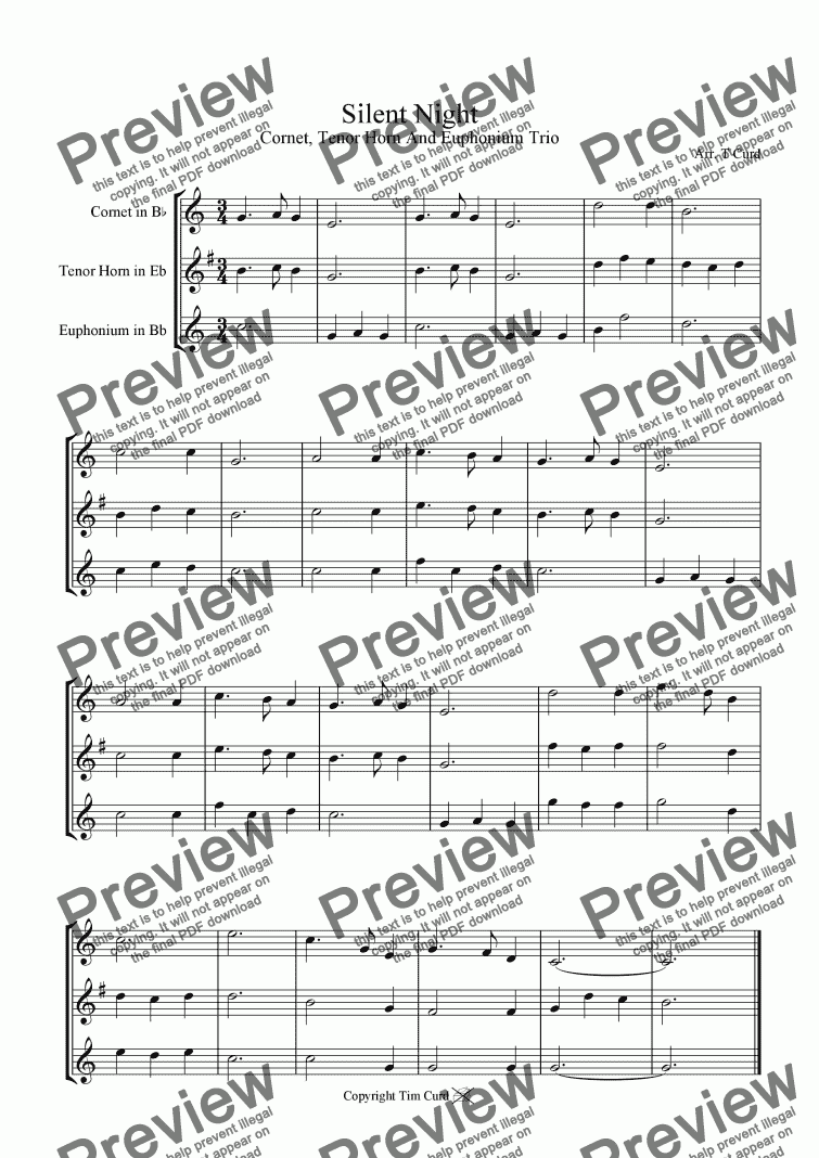 page one of Silent Night -Cornet, Tenor Horn, Euphonium (Brass Trio)