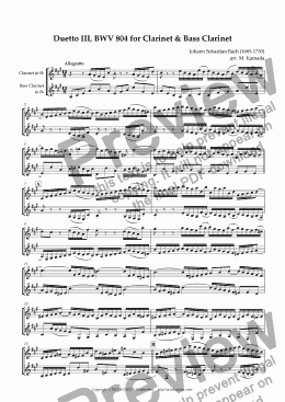 page one of Duetto III, BWV 804 for Clarinet & Bass Clarinet