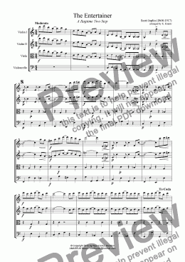 page one of The Entertainer for easy string quartet (abridged)