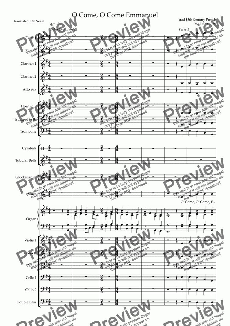 page one of O Come, O Come Emmanuel - Orchestral Arrangement & Descant (Christmas Carol)