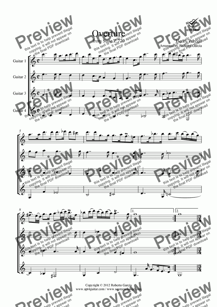 page one of Overture (from Suite Z.770) for guitar quartet
