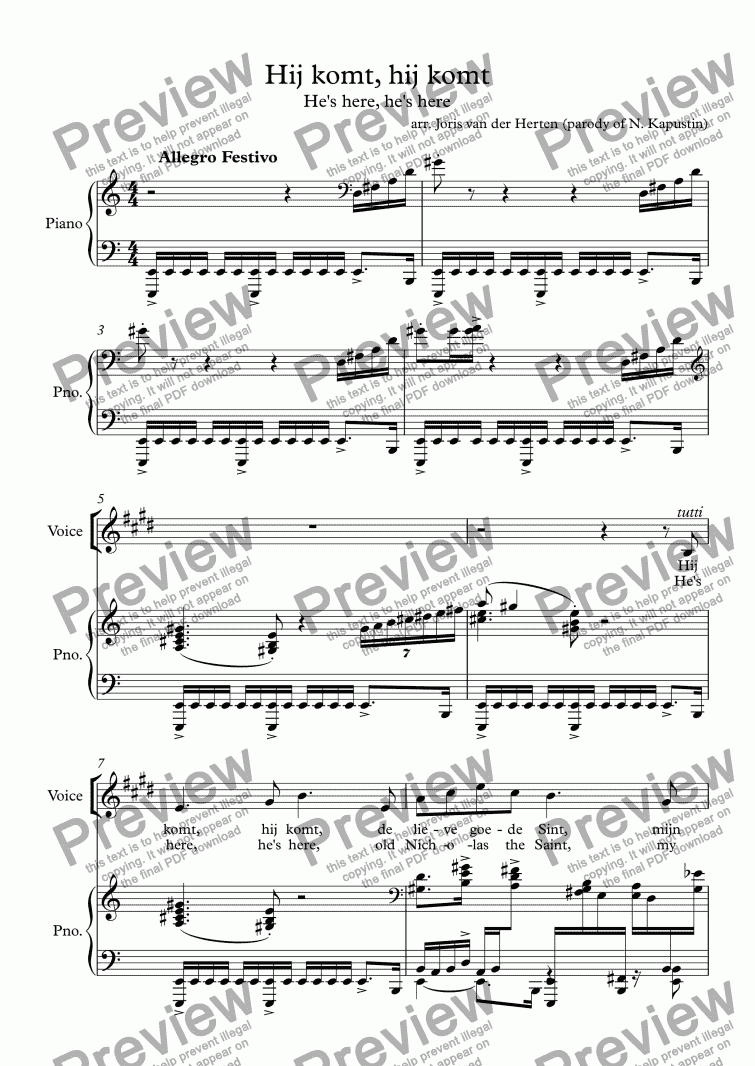 page one of Hij komt, hij komt [sinterklaasliedje] (choir SATB + piano)