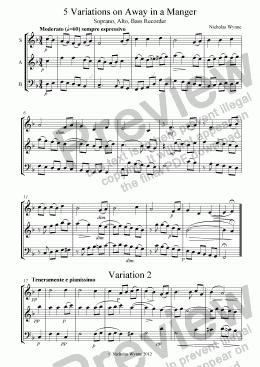 page one of 5 Variations on Away in a Manger for Recorder Trio