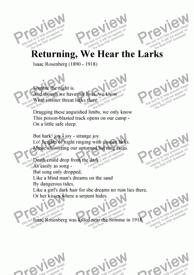 page one of Songs of the Great War: 6.Returning, We Hear the Larks