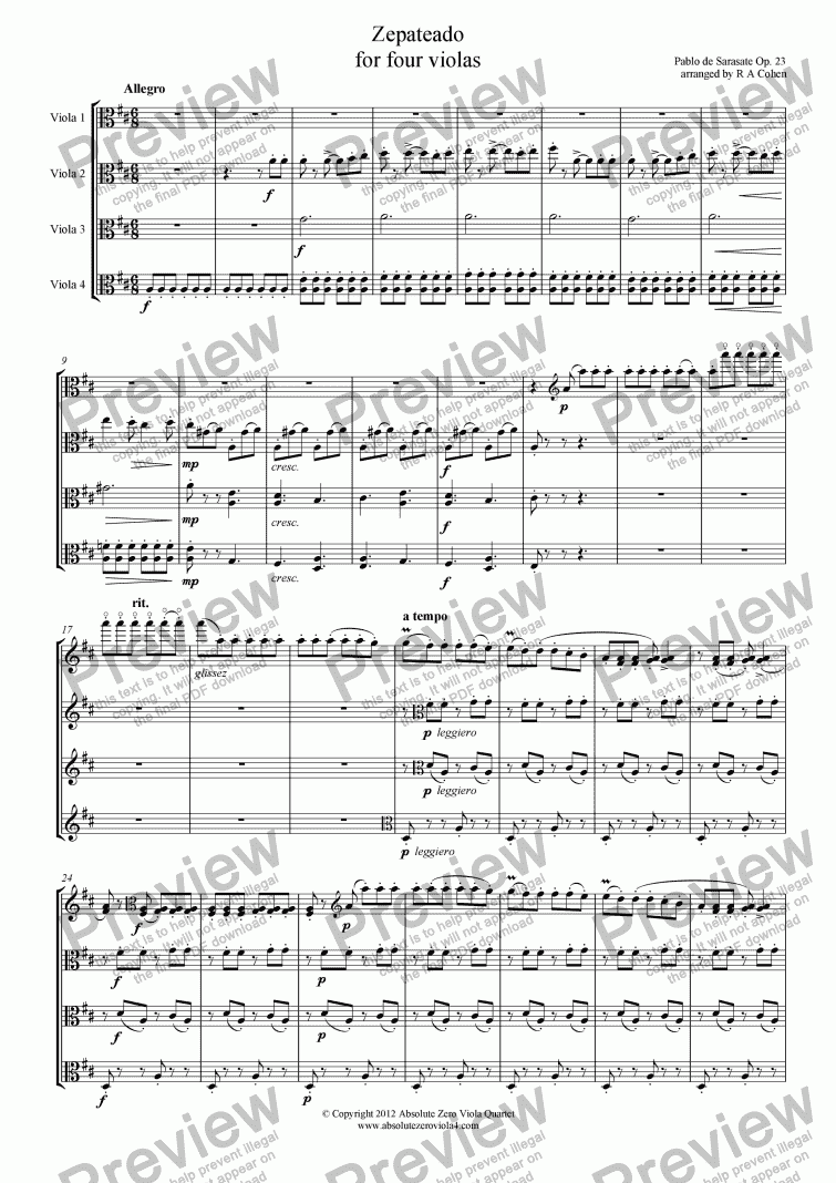 page one of Sarasate - ZEPATEADO - for four violas