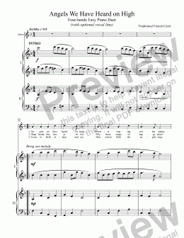 page one of Angels We Have Heard on High (TRADITIONAL FRENCH CAROL), Easy Four-Hands Piano Duet with optional vocal line arr. by Pamela Webb Tubbs