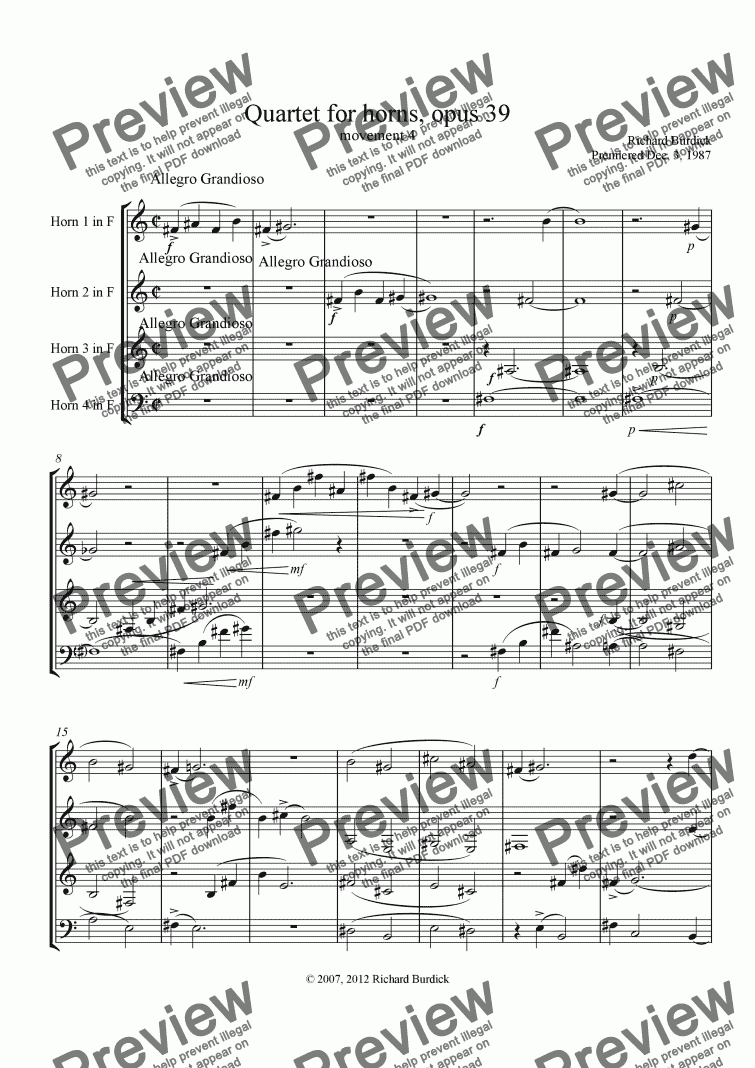 page one of Quartet for horns, opus 39