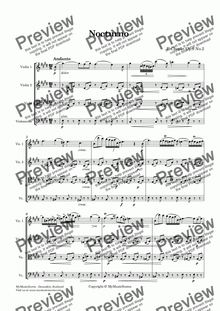 page one of Chopin Nocturne Op.9 No.2 for String Quartet