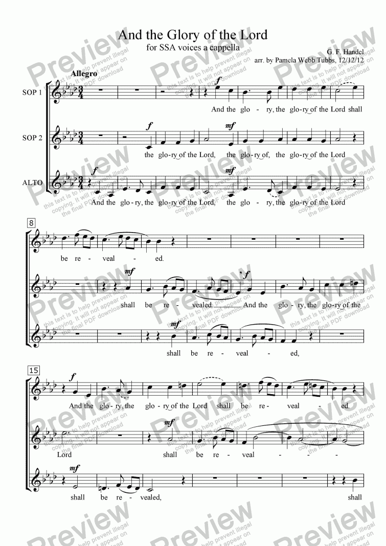 page one of And the Glory of the Lord (HANDEL) from "Messiah" for SSA 3-part women’s voices, a cappella arr. by Pamela Webb Tubbs