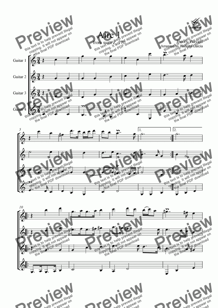 page one of Aire 1 (from suite Z.770) for guitar quartet