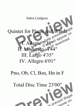 page one of Quintet for Piano and Winds II. Moderato