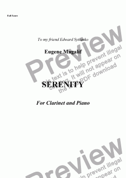 page one of SERENITY. Clarinet in B & Piano