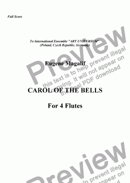 page one of CAROL OF THE BELLS. Flute Quartet (With Alto-Flute)