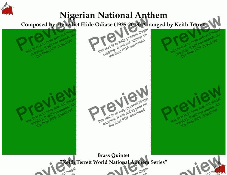 page one of Nigerian National Anthem for Brass Quintet (MFAO World National Anthem Series)