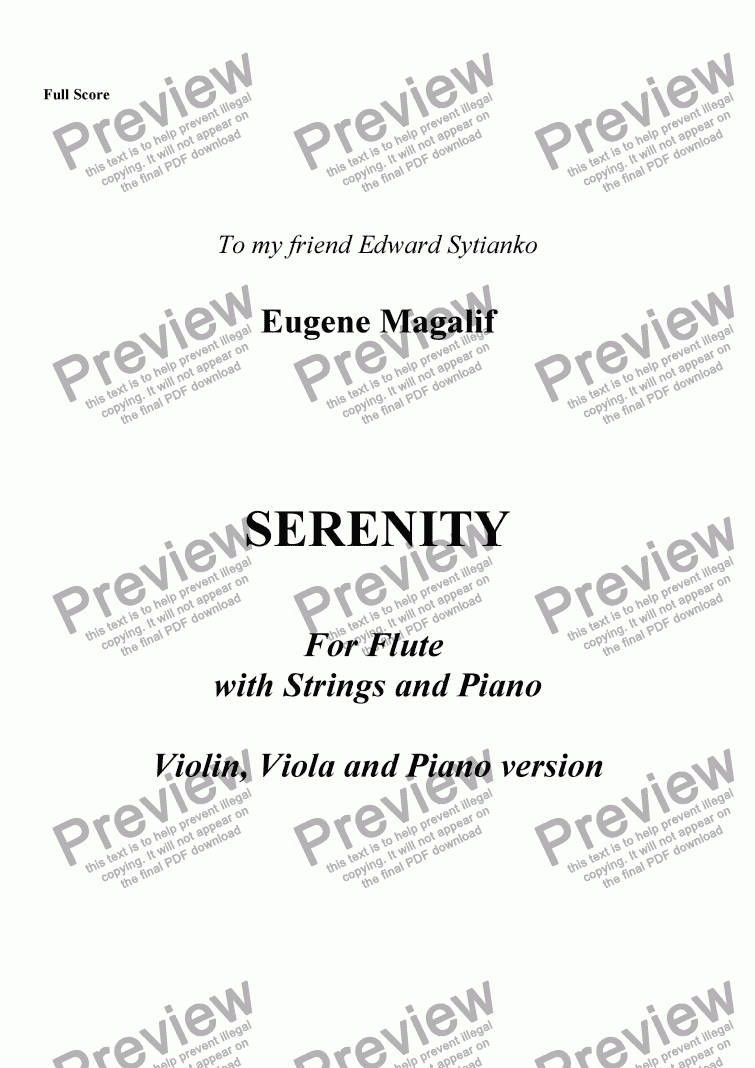 page one of SERENITY. Viloin, Viola, Piano.