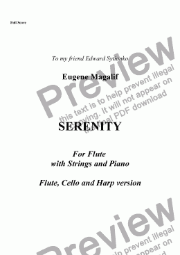 page one of SERENITY. Flute, Cello, Harp