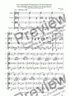 page one of Three Birthday-Minute-Waltzes for String Quartet - Drei Geburtstags-Minutenwalzer für Streichquartett, op. 54 