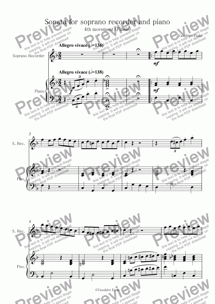 page one of Sonata for soprano recorder and piano ( 4th mov. )