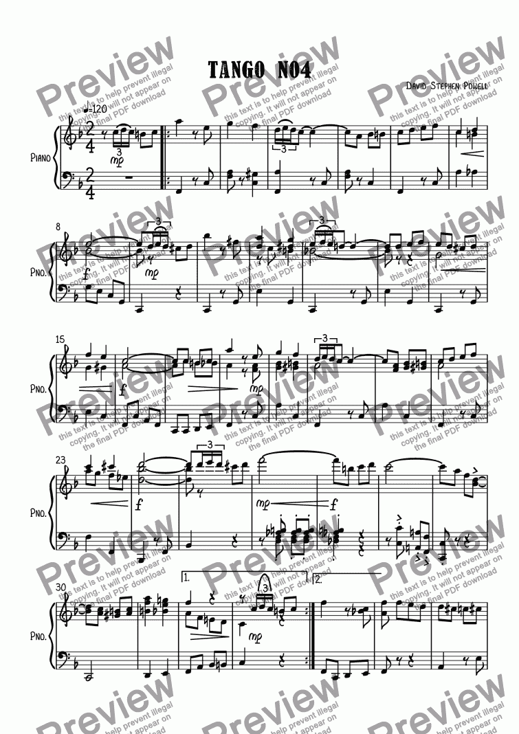 page one of Tango No4 for solo piano