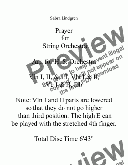 page one of Prayer for String Orchestra Arr. for H.S. Orchestra
