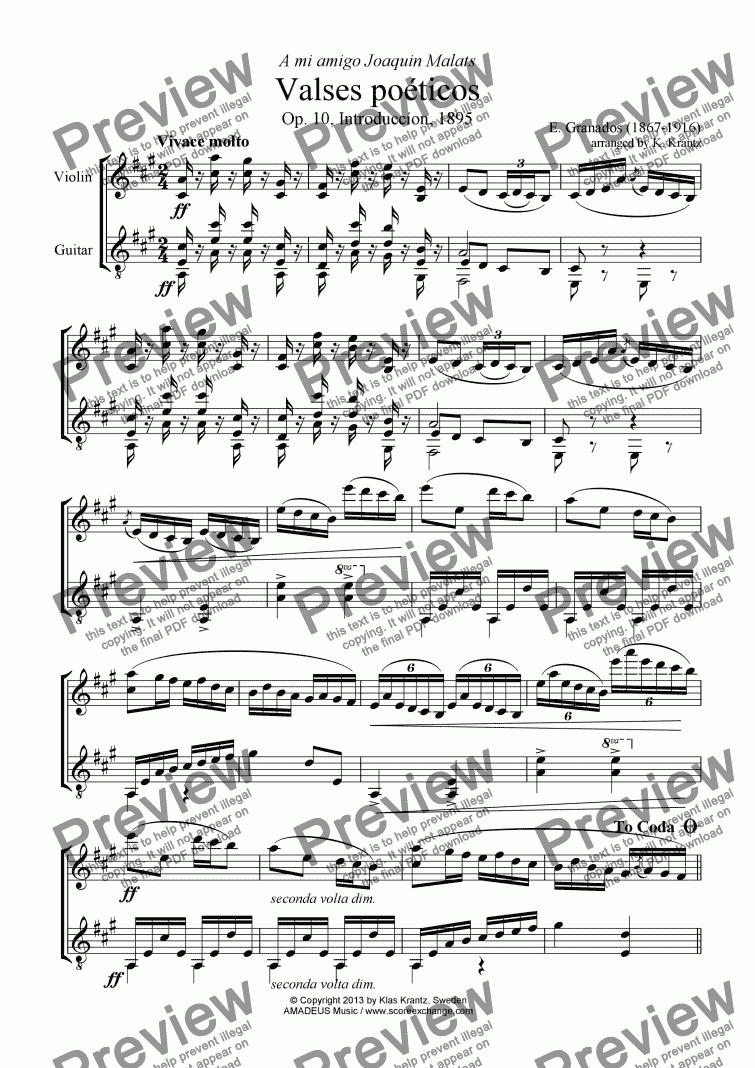 page one of Valses poéticos Introduccíon for violin and guitar
