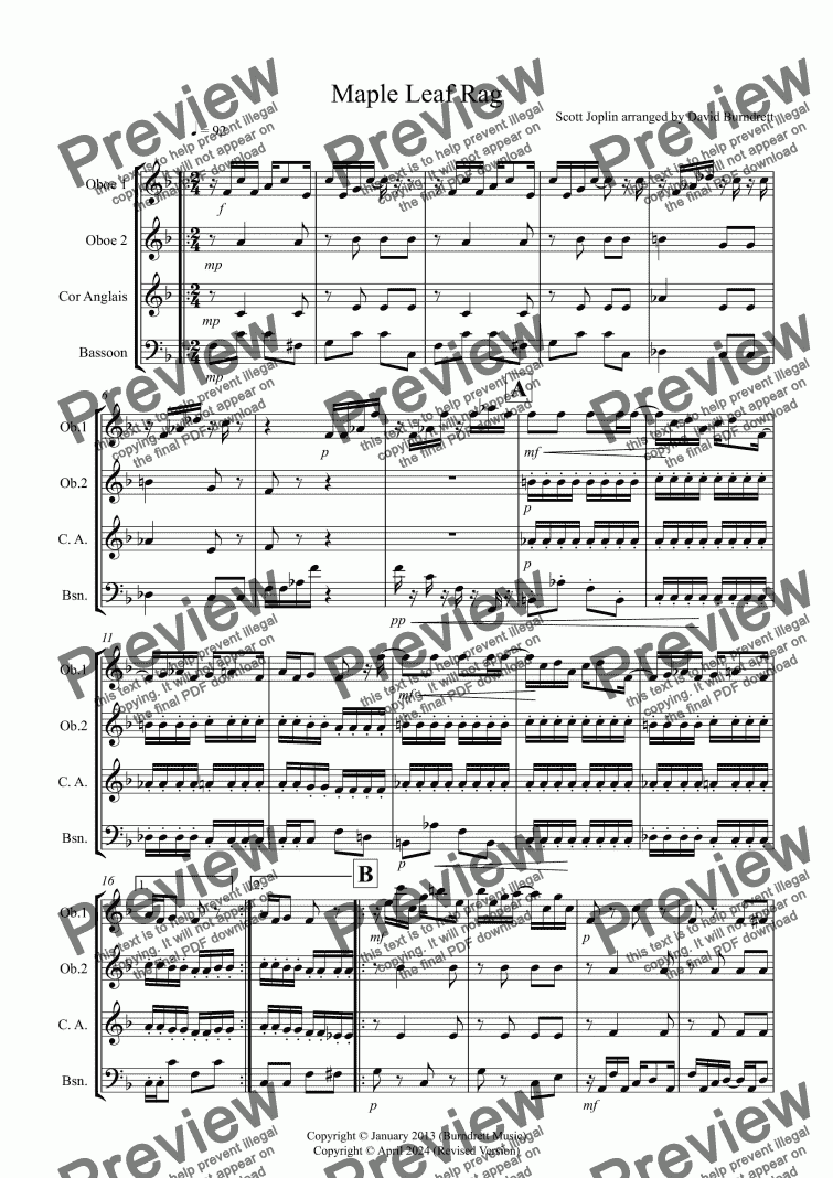 page one of Maple Leaf Rag for Double Reed Quartet