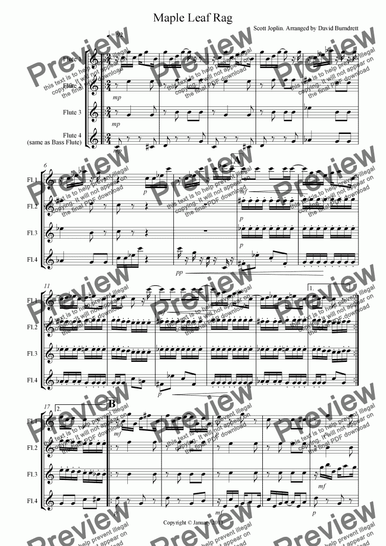 page one of Maple Leaf Rag for Flute Quartet
