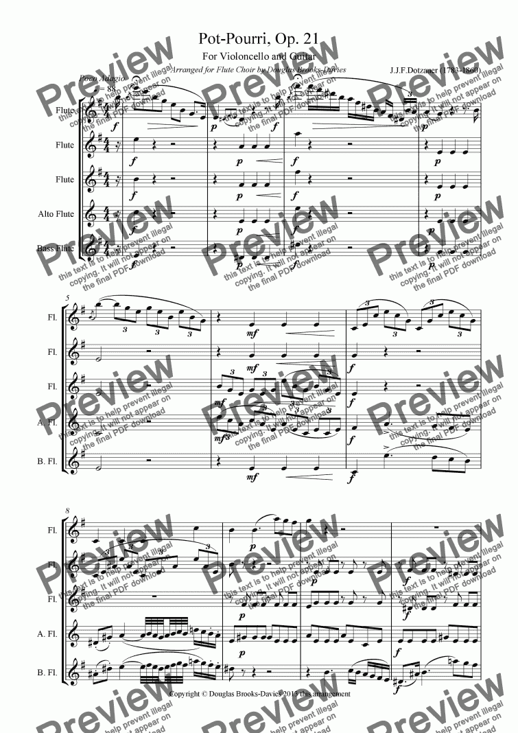 page one of DOTZAUER, J.J.F., Pot-Pourri, Op. 21 arranged for Flute Choir (3fl, afl, bfl)