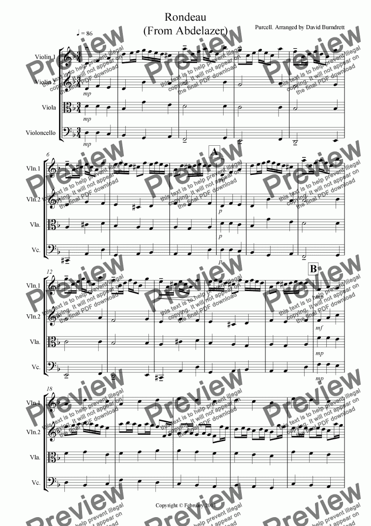 page one of Rondeau (From Abdelazer) for String Quartet