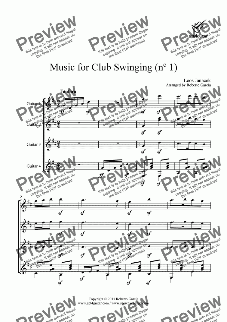 page one of Music for Club Swinging (nº 1) for guitar quartet