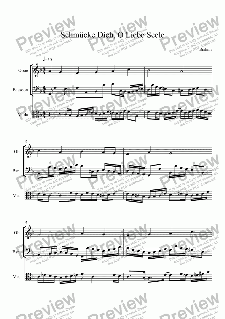 page one of Schmücke Dich, O Liebe Seele for oboe, viola & bassoon