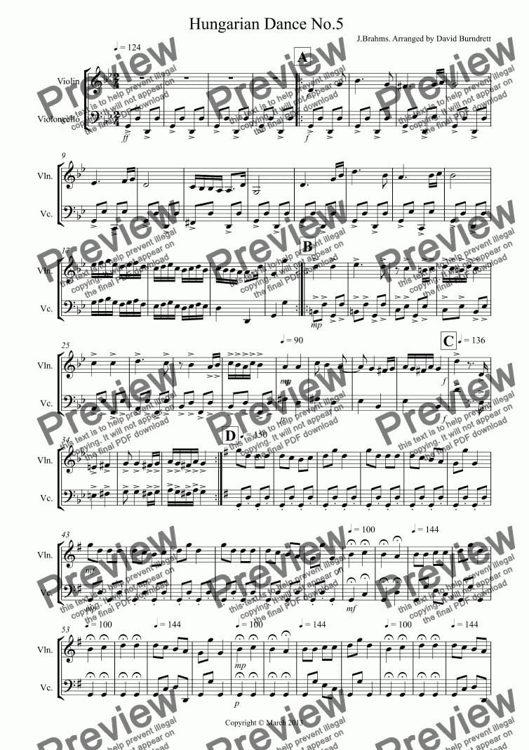 page one of Hungarian Dance No.5 for Violin And Cello