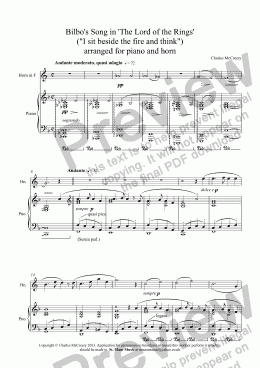 page one of Bilbo's Song in 'The Lord of the Rings' ("I sit beside the fire and think") arranged for piano and horn