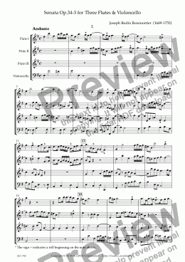 page one of Sonata Op.34-3 for Three Flutes & Violoncello