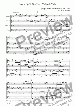 page one of Sonata Op.34-3 for Three Violins & Viola